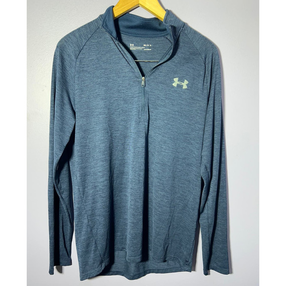 Under Armour Mens Running Striped 1/4 Zip Size Medium Loose Fit Shirt Heatgear - Picture 1 of 4